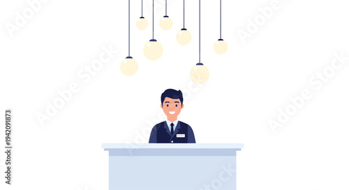 A smiling male receptionist in a dark suit is standing behind a light counter with glowing spherical lightbulbs hanging above him.
