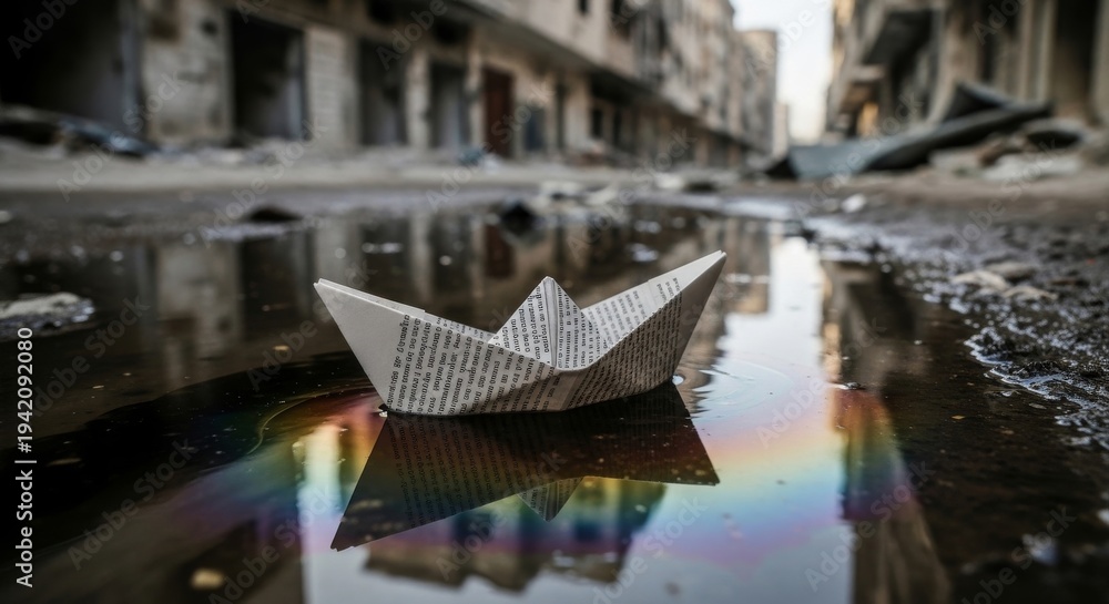 Obraz premium Handmade Paper Boat Floating on Urban Puddle Reflection