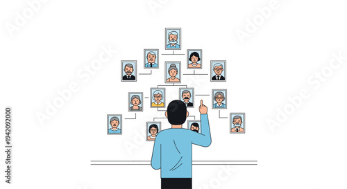 A person in a blue shirt stands with their back to the viewer, pointing at a detailed family tree illustration.