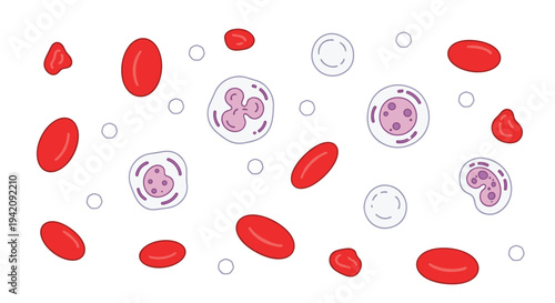A microscopic illustration displays various red blood cells, white blood cells, and platelets floating on a white background.