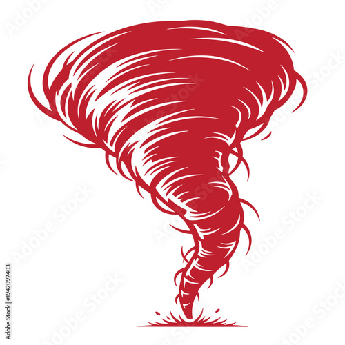 A red illustration of a swirling tornado on a white background  natural disaster weather phenomenon