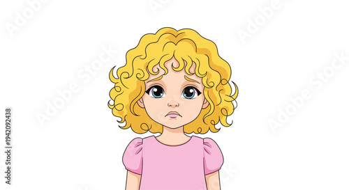 A close-up portrait of a sad young girl with curly blonde hair and blue eyes, wearing a pink top.
