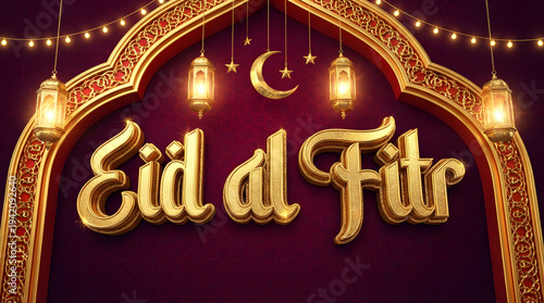 Eid Al Fitr golden calligraphy inside islamic arch Eid Al Fitr Islamic Arch Golden Typography