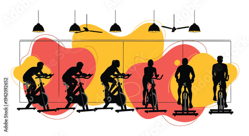 Set of 7 people exercising on stationary bikes vector