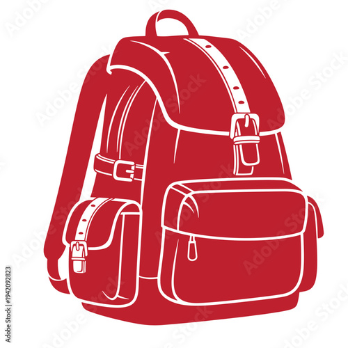 Red backpack with white outline and multiple pockets and zippers for school or travel