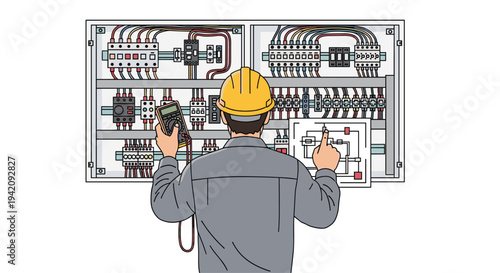 An electrician wearing a yellow hard hat and grey uniform meticulously inspects a complex electrical control panel with a multimeter and a circuit diagram.