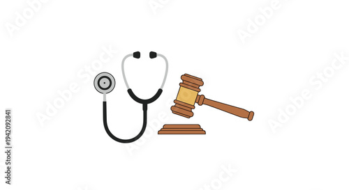 A black and silver stethoscope rests beside a brown wooden judge's gavel and its sound block on a pristine white background.