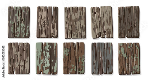 Ten individual weathered wooden planks, each displaying unique textures, cracks, and peeling paint, are arranged in two rows on a white background.
