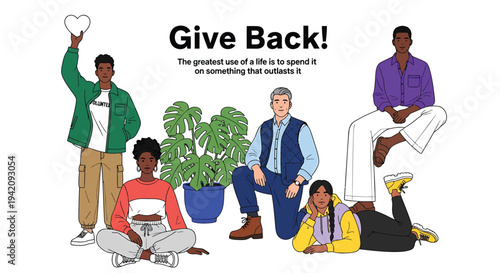 Vector illustration of diverse people with a plant, charity and volunteer concept