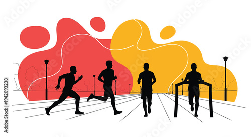 Vector illustration of 3 runners in motion on a city street at night