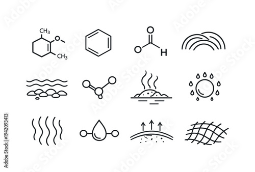 Line style vector icons of petrichor molecules: geosmin ring outline, aromatic cycle tile, aldehyde node, sesquiterpene arc,