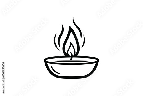 A simple black line drawing of a lit diya lamp with a teardrop flame and wavy lines, symbolizing light and spirituality in a minimalist style.