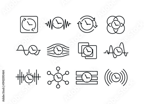 Line Style Icons Grid. Line style vector icons of time management automation tools: loop tile, resonance line, sync line, phase