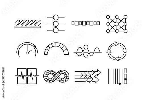 Line style vector icons of traffic management cues: resonance stripe, cycle bar, pattern bar, feedback mesh, timing arc, pattern