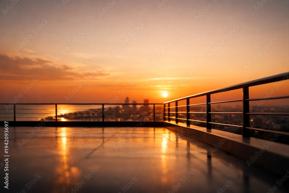 Obraz premium Modern rooftop terrace at sunset with golden sky reflection and city skyline view in warm light