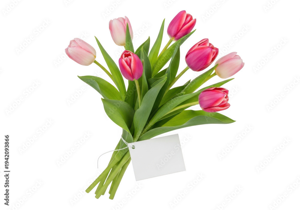 Fototapeta premium A bouquet of pink tulips in a white vase isolated on transparent background