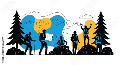 Vector illustration of 5 hikers on mountain landscape background