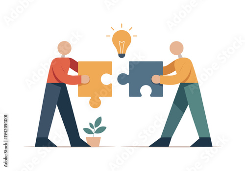 Two people connecting puzzle pieces with a lightbulb symbolizing a new idea or solution