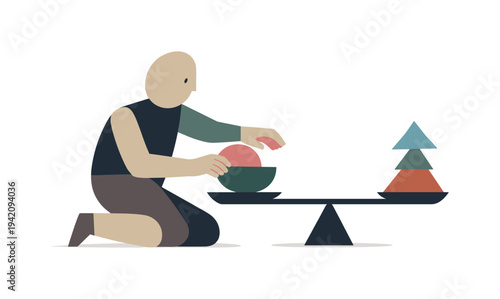 Person balancing a bowl with a sphere on a scale against stacked triangles