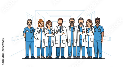 A diverse team of eight medical professionals, including doctors and nurses, stands with arms crossed in a hospital corridor.