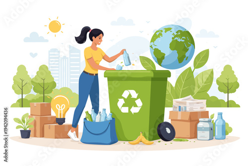 Sustainable Living Concept with Woman Recycling Glass Bottles into Green Bin, Earth Globe, Plants, and Cardboard Boxes, Flat Vector Illustration for Environmental Protection and Waste Management.