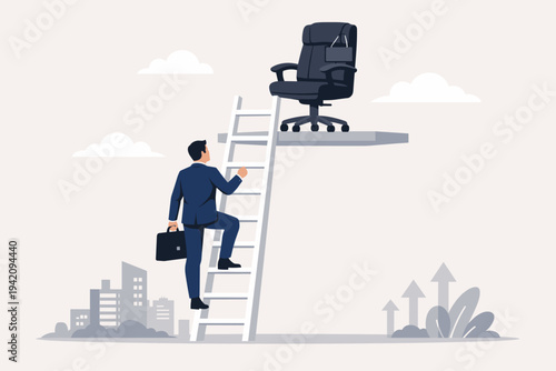 Businessman Climbing Ladder to Reach Executive Office Chair, Concept of Career Growth, Job Promotion, Professional Success, Corporate Ambition, Leadership Path, and Management Recruitment.