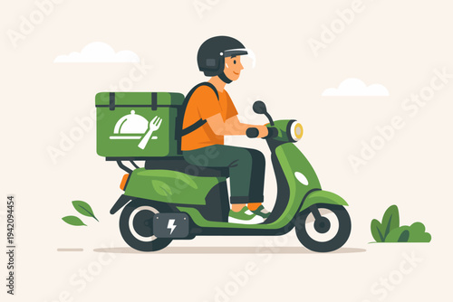 Eco-friendly food delivery service featuring a courier riding a green electric scooter. Courier man in helmet delivering meals in a thermal box. Sustainable transportation and fast shipping.