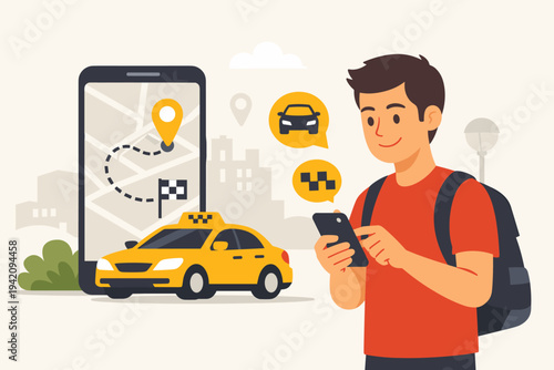 Young man with a backpack using a mobile app on his smartphone to book a yellow taxi cab in the city, flat vector illustration of ride-sharing service, navigation map, and urban transport system.