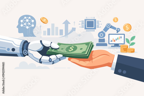 Artificial Intelligence AI Robot Hand Giving Money to Human Hand for Data Licensing, Financial Automation, Investment Growth, and Machine Learning Profit Concept Vector Illustration Background