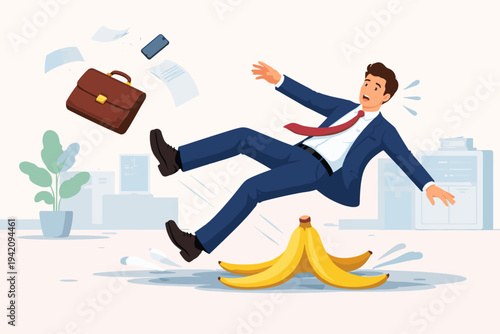 Businessman in a suit slipping on a banana peel in an office, representing unexpected business risk, workplace accident, insurance claim, failure, and sudden disaster, danger, or mistake.