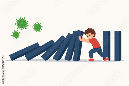 Vector illustration of a brave young boy pushing back against a falling row of dominoes to stop the chain reaction caused by the coronavirus pandemic, representing resilience and prevention.
