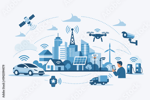 Smart City Concept with 5G Wireless Network Technology, IoT Connectivity, Autonomous Electric Cars, Drones, Solar Energy, and Digital Infrastructure for Future Urban Living Flat Illustration