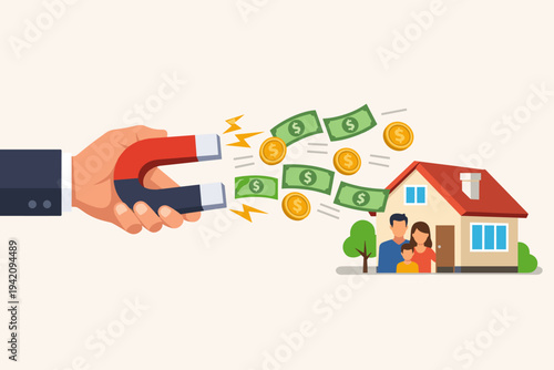 Businessman hand using a large magnet to pull money and savings away from a family home, representing high mortgage rates, debt, taxes, and financial pressure on households vector illustration.