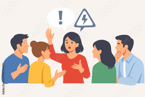 Vector illustration of a group of people communicating with a woman in red raising a problem or conflict during a meeting. People discussing issues with exclamation and lightning bolt icons.