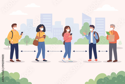 Vector illustration of diverse people wearing face masks and maintaining social distance in a city park to prevent the spread of COVID-19 coronavirus infection and ensure public health safety.