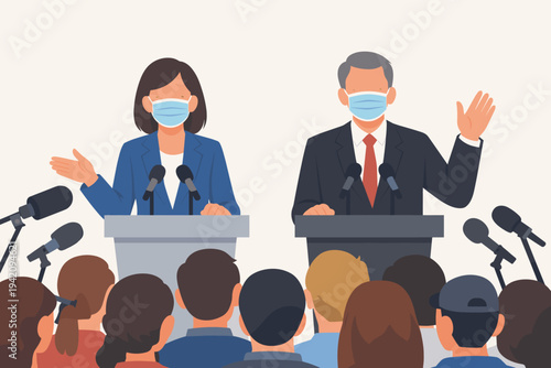 Professional male and female politicians wearing protective face masks making a public announcement at a press conference behind podiums with microphones to a diverse crowd of people.