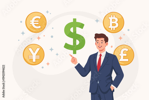 Professional businessman in suit pointing at large green dollar sign surrounded by gold coins with Euro, Bitcoin, Yen, and Pound symbols. Concept of global finance, investment, and currency exchange.