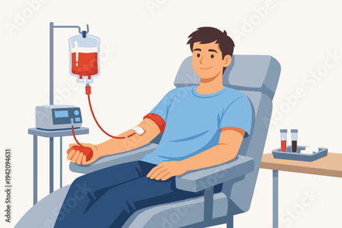 Young Man Volunteer Donating Blood in a Medical Clinic Sitting in a Comfortable Chair with a Blood Bag and Equipment. Flat Vector Illustration for Healthcare, Charity, and Life-Saving Campaigns.