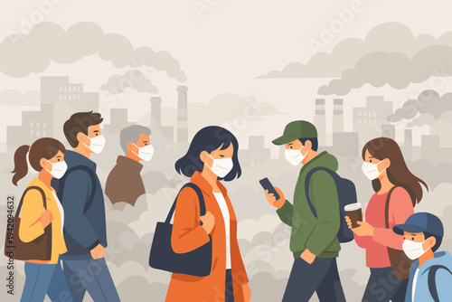 Diverse People Wearing Protective Face Masks Walking in a Polluted City with Heavy Smog and Smoke from Industrial Factories, Environmental Health and Air Quality Crisis Vector Illustration.