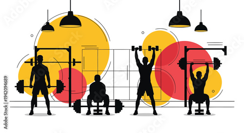 Vector illustration of 5 gym workout icons, fitness symbols, and dumbbells