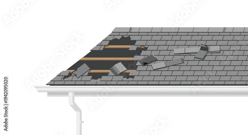 A side view depicts a damaged grey tiled roof with a long section of missing shingles, exposing dark underlayment and a white gutter.