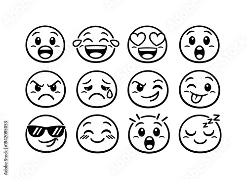 Collection of diverse hand-drawn emoji faces expressing various emotions and moods