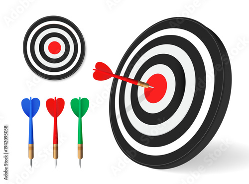 Dartboard target with darts hitting the bullseye. Symbol of business goal, strategy, accuracy, competition and success