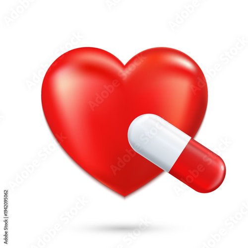 Red heart with medical capsule pill.  Symbol of cardiology treatment, healthcare therapy and heart health