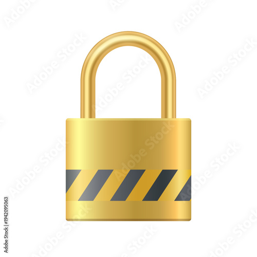 Golden padlock with caution tape. Symbol of security, restricted access, protection and safety. Vector icon