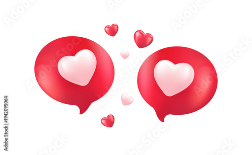 3D red speech bubbles with hearts. Heart icons, symbol of love messages, romance, social media chat and Valentine’s Day