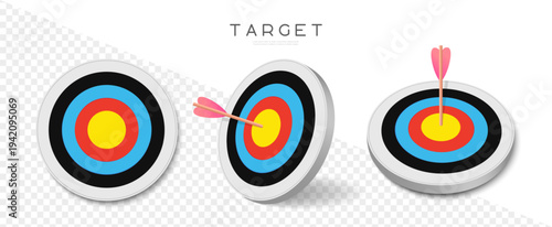 Colorful dartboard target with arrow hitting the bullseye. Symbol of business goal, strategy, accuracy, success, and achievement