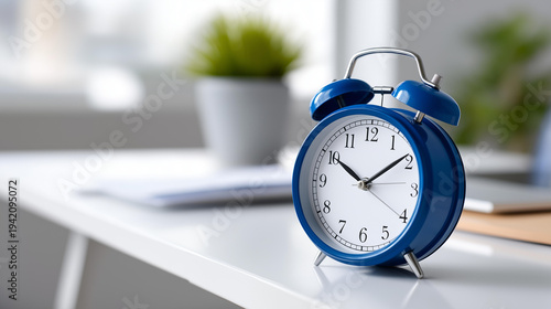 Blue alarm clock with paid time off note on office desk, work-life balance concept, defocused background, with copy space