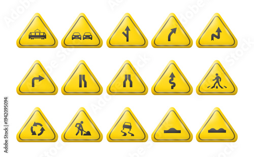 Set of yellow road warning signs with traffic symbols in triangles