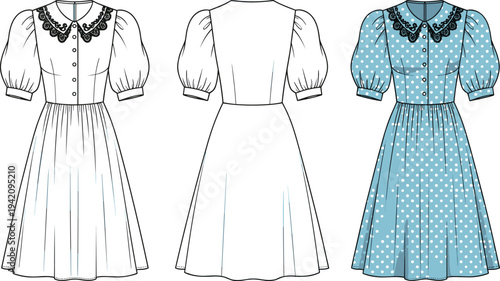 Technical Fashion Flat Sketches of Women Vintage Puff Sleeve Dress, Sports Bra, Cargo Joggers, Paperbag Trousers and Baby Apparel Vector CAD Drawings